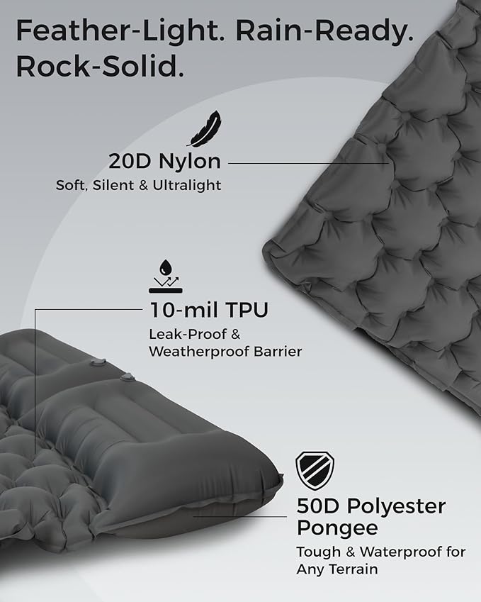 KingCamp Sleeping Pad for Camping, Ultralight Connectable Inflatable Sleeping Pad Camping Mattress with 6.3" Built-in Pillow & Foot Pump for Backpacking Hiking Tent Cot