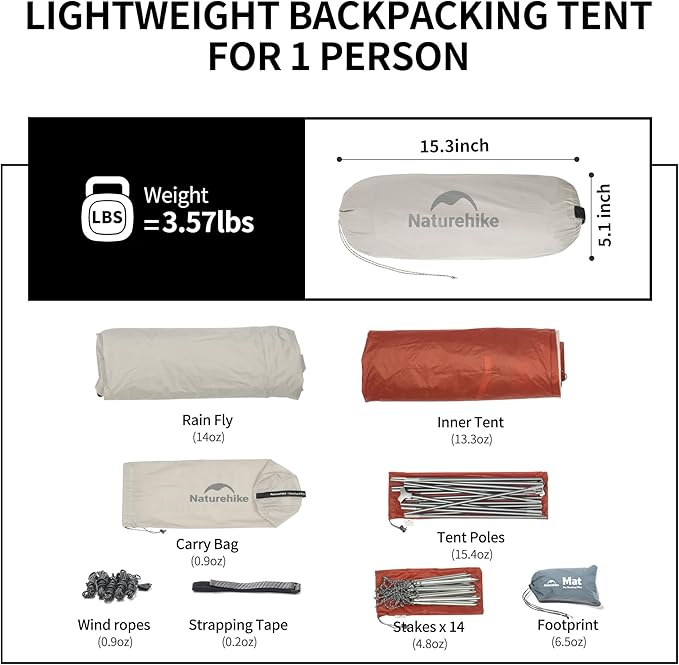 Naturehike Cloud-Up 1 Person Tent, Lightweight Backpacking Tents for One Man, Waterproof Ultralight One Person Tent for Camping Hiking Backpacking