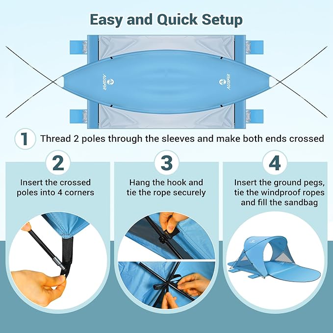 Beach Tent Sun Shelter, Beach Tent with Beach Mat Set, 4 Person Portable Beach Shade Canopy with UPF 50＋ UV Protection, Dual-Door Ventilation Design, Easy Setup Family Beach Umbrella (Blue)