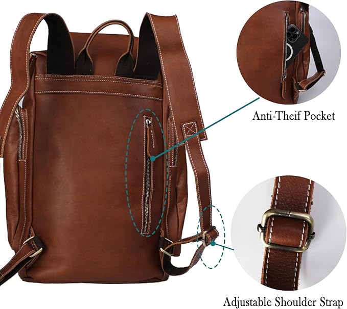 Genuine Crazy Horse Leather Backpack - Vintage Bag with Anti-Theft Design, Fits 16 Inch Laptop(5098-Khaki)