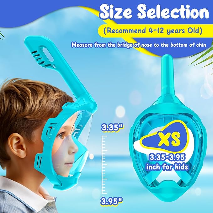 Kids Full Face Snorkel Mask, Snorkeling Gear for Kids, Kids Scuba Mask and Snorkel, Diving Mask, Snorkeling Set, 180 Degree Panoramic View Anti-Fog Anti-Leak