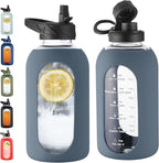 CIVAGO 64 oz Glass Water Bottle Jug with Straw and Handle, Half Gallon Sports Motivational Water Bottle with Time Marker, Wide Mouth Water Flask Canteen with Silicone Sleeve for Gym,Smog Blue