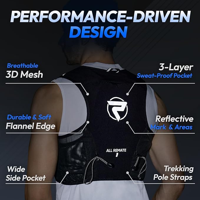All-in-One Multi Sport Running Vest including Water Bottle, Whistle, 11 Pockets & 6 Straps – Ergonomic Lightweight Reflective Gear