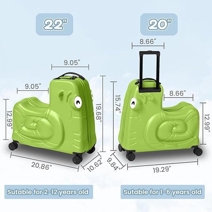 Kids Ride-on Luggage with Spinner Wheels Suitcase, Kid's Ride-On Suitcase Help Your Child Relax, Carry On Trolley Luggage with Password Lock (Green, 22 inches)