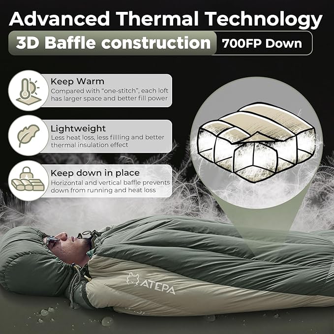 ATEPA Down Sleeping Bag, 700FP Mummy Cold Weather Ultralight 3 Season Compact Packable Waterproof Sleeping Bag with Stuff Sack for Backpacking Camping Hiking Traveling