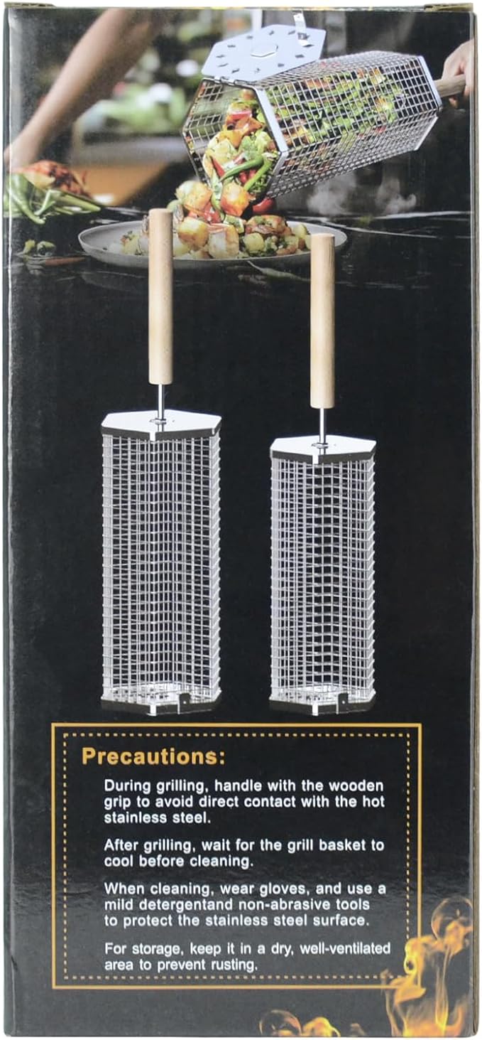 Rolling Grill Basket, Removable Wooden Handle, 304 Stainless Steel, Nesting Grilling Tools, Smoker BBQ Accessories for Vegetable, Outdoor Cooking Camping, Birthday Gifts for Men Dad Husband