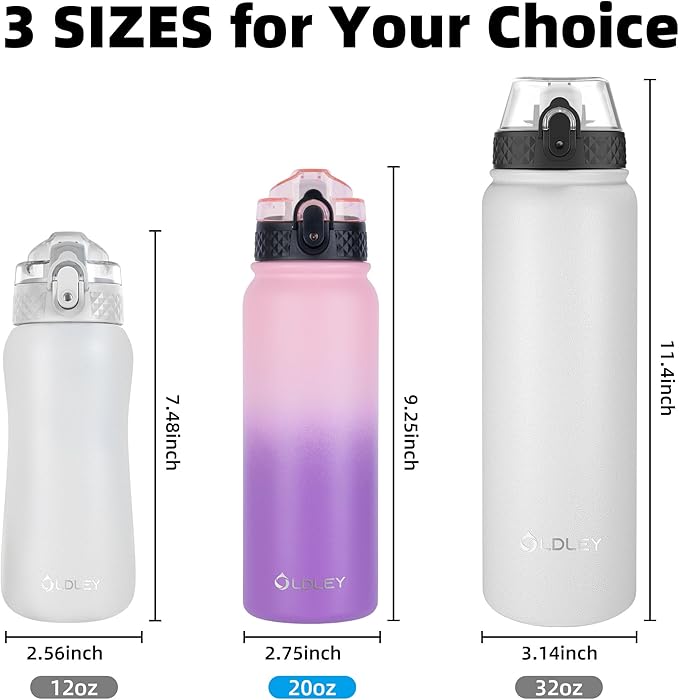 OLDLEY Insulated Water Bottle 20oz Water Bottles with Straw, Stainless Steel Water Bottle with 3 Lids, Double Wall Vacuum Bottles for Adult Kids, Sports Bottles for School Travel, Ombre Pink-Purple
