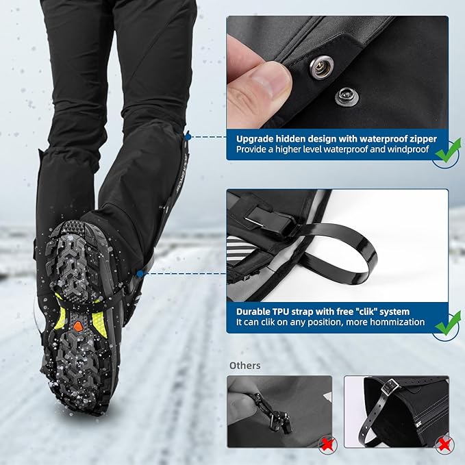 ROCKBROS Snow Boot Leg Gaiters for Hiking Waterproof Leg Gaiter for Skiing Walking Snow Boot Gaiters Tear Resistant Adjustable Gaiters