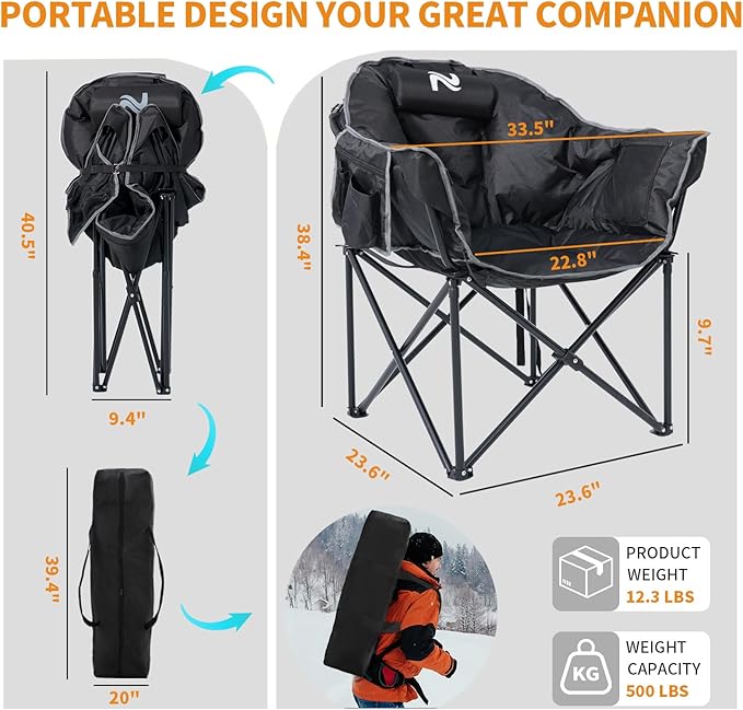 LILYPELLE Oversized Heated Camping Chair, Patio Lounge Chairs with 3 Heat Levels, Portable Folding Heated Chair Round Moon Saucer Folding Lawn Chair Outdoor Chair for Camping, Lounge Patio