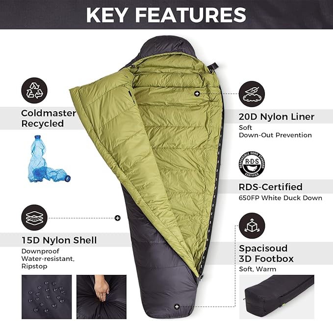 ATEPA Down Sleeping Bag, 700FP Mummy Cold Weather Ultralight 3 Season Compact Packable Waterproof Sleeping Bag with Stuff Sack for Backpacking Camping Hiking Traveling