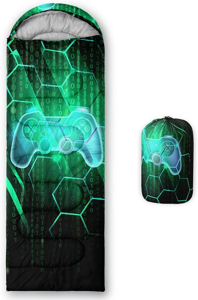 Axolotl Gamepad Sleeping Bag,3 Season Warm and Cool Weather Game Console Sleeping Bag for Boys Teens,Waterproof Lightweight Geometry Hexagonal Sleeping Bag for Traveling,Outdoors Camping,Blue,Black