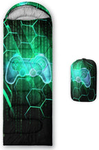 Axolotl Gamepad Sleeping Bag,3 Season Warm and Cool Weather Game Console Sleeping Bag for Boys Teens,Waterproof Lightweight Geometry Hexagonal Sleeping Bag for Traveling,Outdoors Camping,Blue,Black