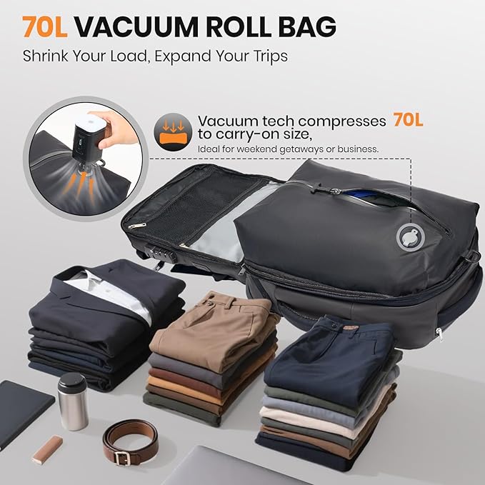 Fanwoli Vacuum Rolling Travel Backpack, Carry On Luggage with TSA Lock & Anti Theft Zipper, 70L Expandable Airback with Compression Pump, Waterproof Laptop Bag Ideal for Flight & Business
