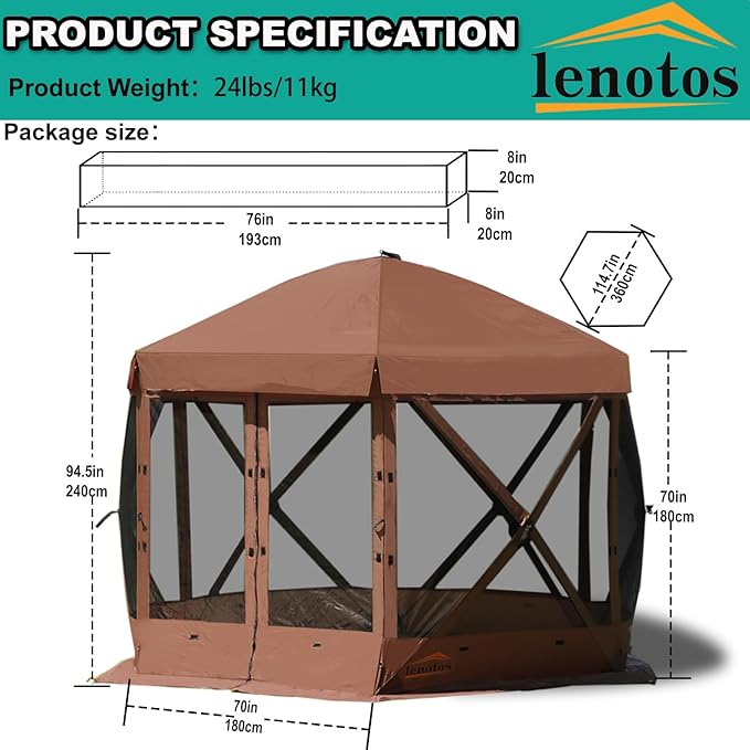 Pop Up Screen Tent, 12'x12' Windproof & UV Protection Sun Shelter, Portable Instant Setup, 6-Sided Screen Tent for Picnic, Camping, Backyard, Outdoor (Brown)