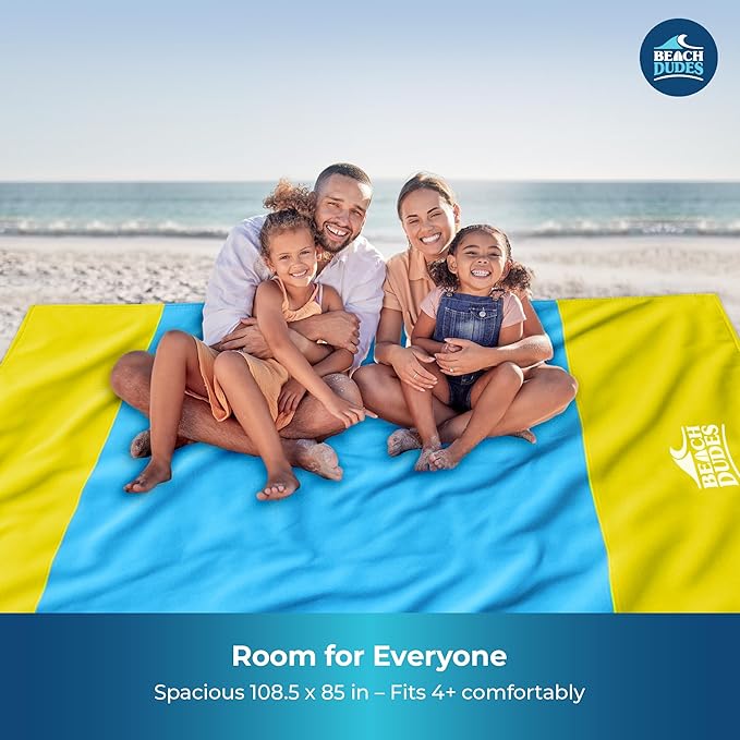 Sandproof Waterproof Beach Blanket Extra Large 108"x 84", Mat for Family, Quick Dry Ripstop Nylon Lightweight, Compact for Travel, Picnic, Camping w/ 4 Anchor Stakes and Carry Bag