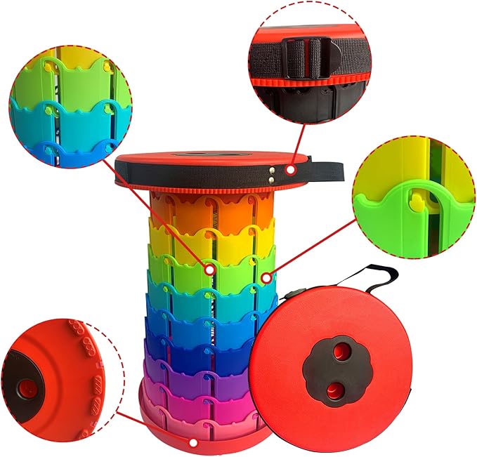 Jakuva Rainbow Travel Camping Stool, Retractable Portable Folding Stool,Collapsible Telescoping Stool with Max Load 360lbs for Adults for Indoor Outdoor Hiking Gardening