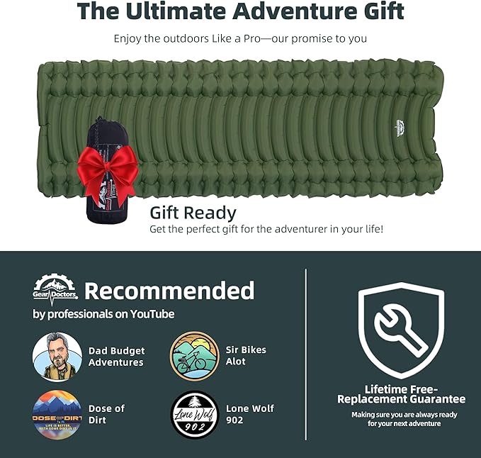 Gear Doctors® Ether 17.5oz Ultralight Camping Sleeping Pad – Backpacking Air Mattress – Camping Mattress Pad – Compact Inflatable Sleeping Mat for Backpacking, Comfortable Outdoor Hiking, Tent, Travel