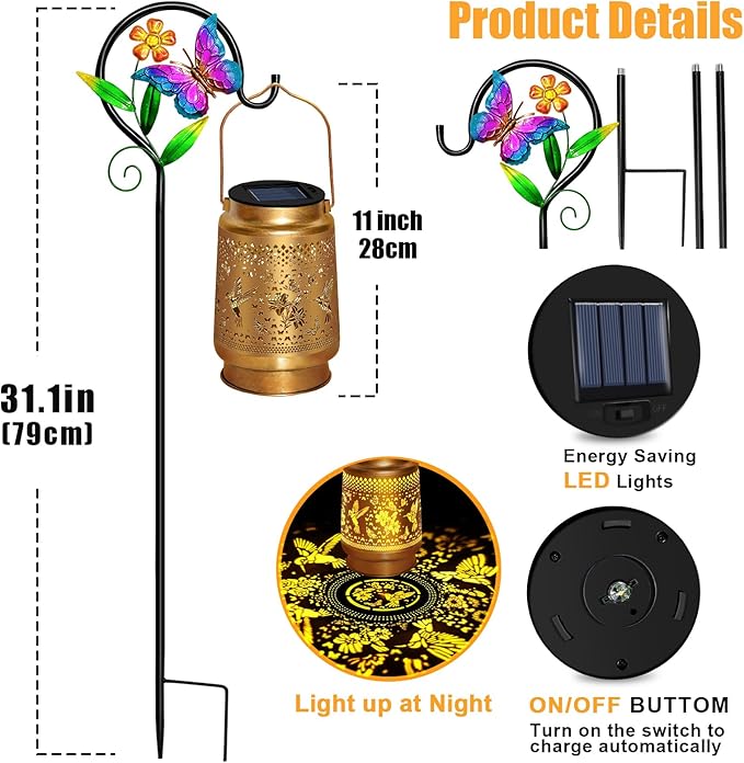 Hummingbird Solar Lantern with Butterfly Shepherd Hook, Mom Gifts for Mothers Day & Birthday, Hummingbird & Butterfly Design, Outdoor Waterproof Metal Decor for Yard, Patio, Porch, Lawn & Tabletop