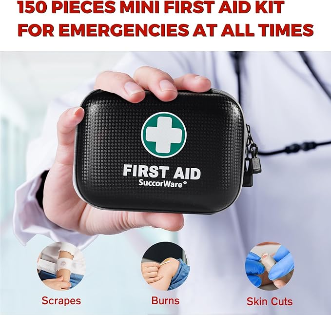 150 Pieces Mini First Aid Kit - Small Medical Kit with Hard Shell - Emergency First Aid Kit for Car, Travel, Home, Outdoor, Office, Camping, Hiking (Black)