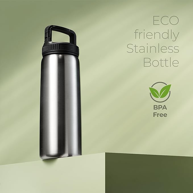 SipX™ Triple-Insulated Stainless Steel Water Bottle 25oz. With 3 Lids, BPA-Free Reusable Insulated Water Bottle Keeps Cold 24 Hours, Metal Water Bottle Made Of Sustainable Material For Hiking & Biking