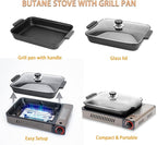 ONLYFIRE Butane Stove with Grill Pan, Portable Stove with Small Griddle & Lid, Camping Stove Instant Ignition, Camp Stove for Cooking, Patio Backyard, Camping, RV and Emergency Use, GS349