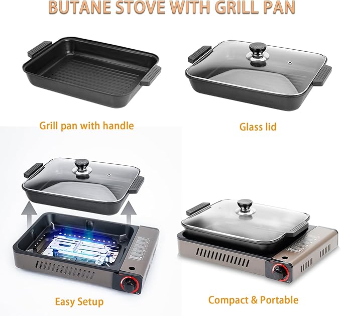 ONLYFIRE Butane Stove with Grill Pan, Portable Stove with Small Griddle & Lid, Camping Stove Instant Ignition, Camp Stove for Cooking, Patio Backyard, Camping, RV and Emergency Use, GS349