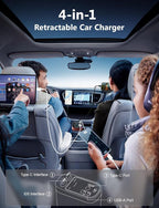 Starlight Retractable Car Charger with Retractable Cables, Starlight in Car Roof 4 in 1 Super Fast USB C Car Phone Charger, 2 USB Ports Starry Sky Adapter, Compatible with iPhone 17 16 15 14 13 12