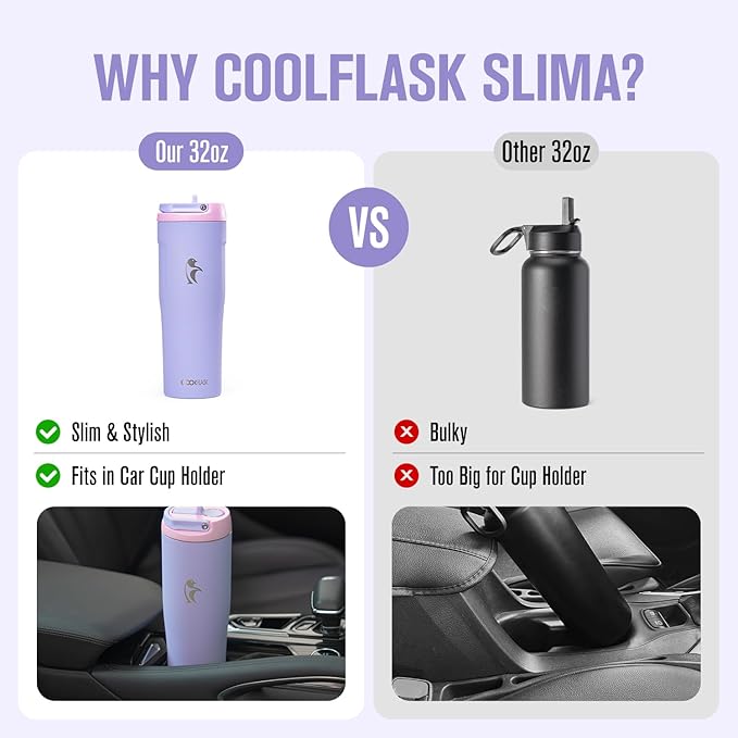 Coolflask Water Bottle 32 oz Fits Car Cup Holder, Slim Tumbler Stainless Steel with Straw & Handle, Vacuum Flask Leakproof Wide Mouth for Travel Sports Gym, Lavender