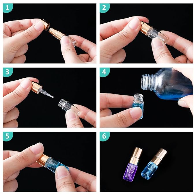 Zhehao 100 Pcs Mini Spray Bottles 2 ml Clear Glass Perfume Bottles Refillable Fine Mist Perfume Atomizer Portable Empty Sample Containers for Cleaning, Essential Oils, Travel (Gold Cap)