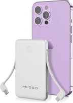 miisso 6000mah Ultra Slim Built in Cables Power Bank, Card Size Built in USB C Cords Battery Pack Portable Charger for Phones, 3 Output External Battery Pack Compatible with iPhone, Snow White