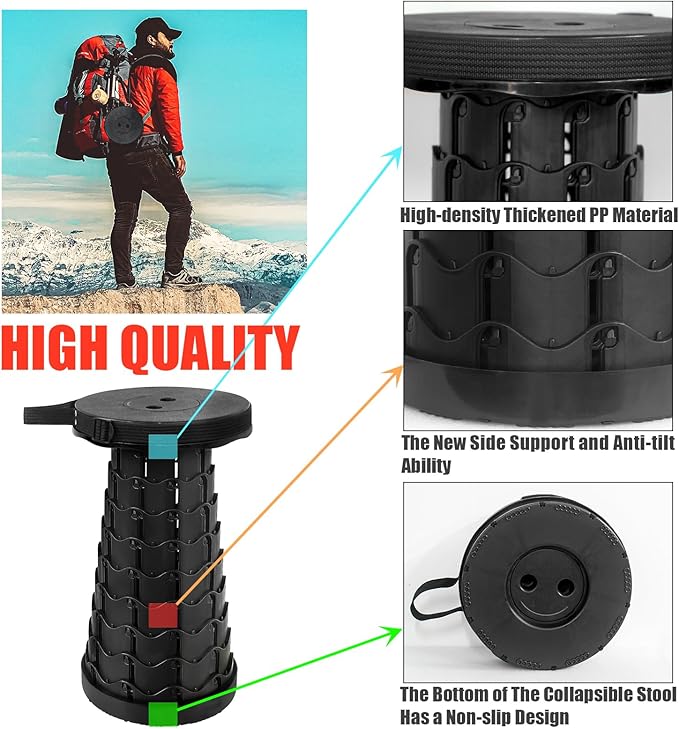 2PCS Upgraded Collapsible Stool Thickened Set, Portable Stool Folding Stools, Foldable Chair for Camping Fishing Hiking BBQ and Outdoor Activities - Max 400lbs（Black）