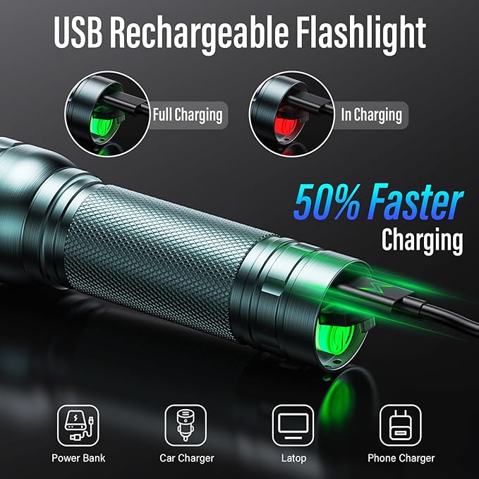Rechargeable Flashlights High Lumens, G1000 Super Bright Flash Light Grey, Small Zoomable LED Flashlight with 3 Lighting Modes, Portable Tactical Flashlight for Camping Essentials (Battery Included)
