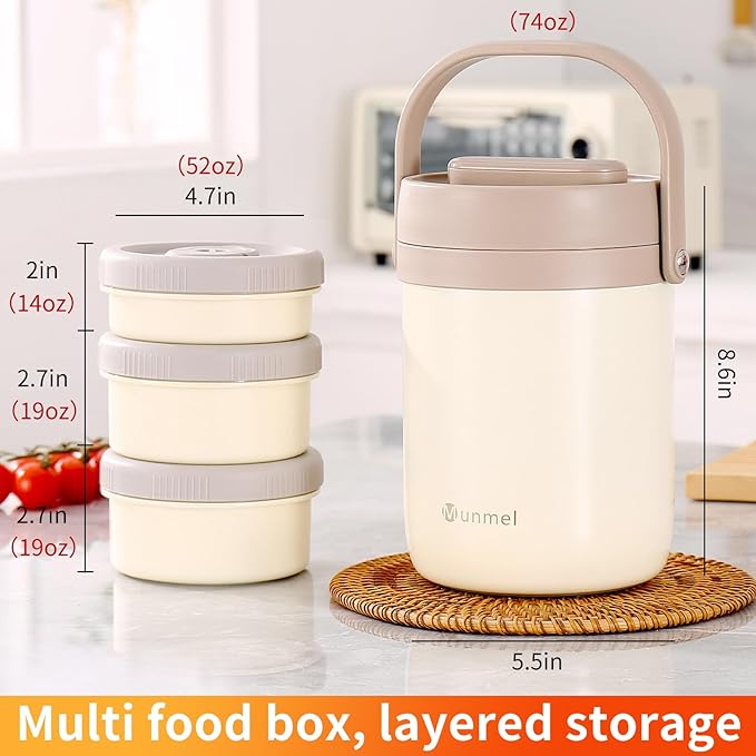 Adults Lunch Vacuum Soup Thermo For Hot Food with Inserts Stackable Bento Box Storage Container,Width Mouth Stainless Steel Portable Insulated Food Jar (white, 74 oz)