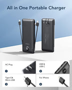 VEGER Portable Charger for iPhone Built in Cables and Wall Plug, 10000mah Slim Fast Charging USB C Power Bank, Travel Essential Battery Pack Compatible with iPhones, iPad, Samsung More Devices(Black)