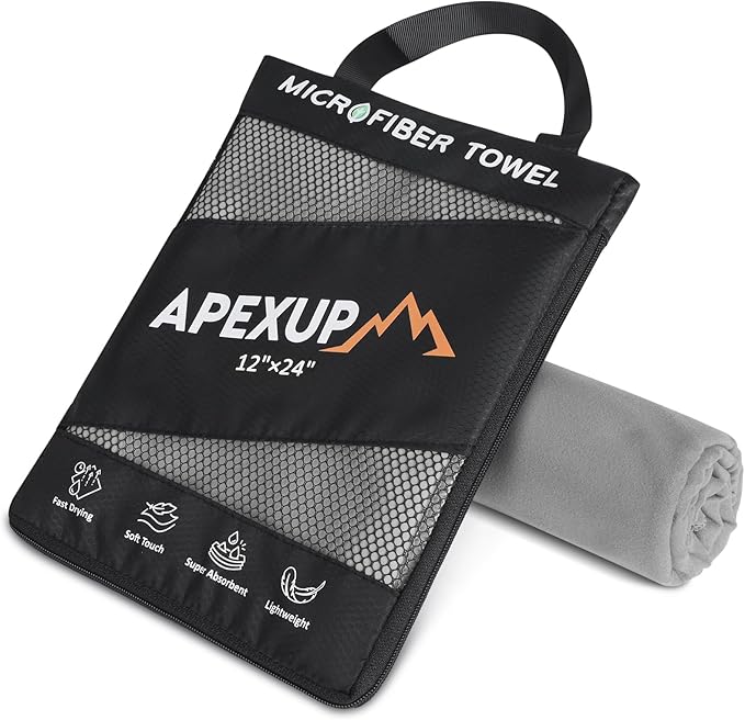 APEXUP Microfiber Travel Towel, Ultra Absorbent Quick Dry Towels, Lightweight Gym Sports Camping Towel for Workout, Yoga, Beach, Shower, Swimming (24"×12", Gray)