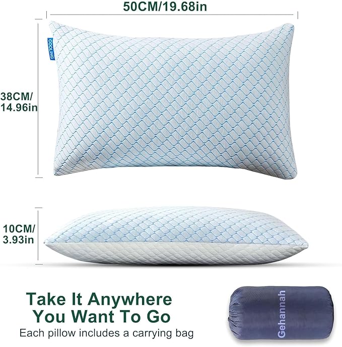 Gehannah Travel Pillow - Large 2 Pack Compressible Camping Pillow for Sleeping - Shredded Memory Foam with 2 Storage Bags - Supportive for Adults, Kids, Outdoor, Backpacking, Hiking Gear
