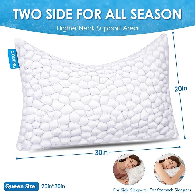 SUPA MODERN Cooling Pillows for Side Sleepers, Cool Side Sleeper Pillow for Neck Pain Relief, Luxury Shredded Memory Foam Pillows 2 Pack, Adjustable Gel Cervical Neck Pillow Queen Size Set of 2