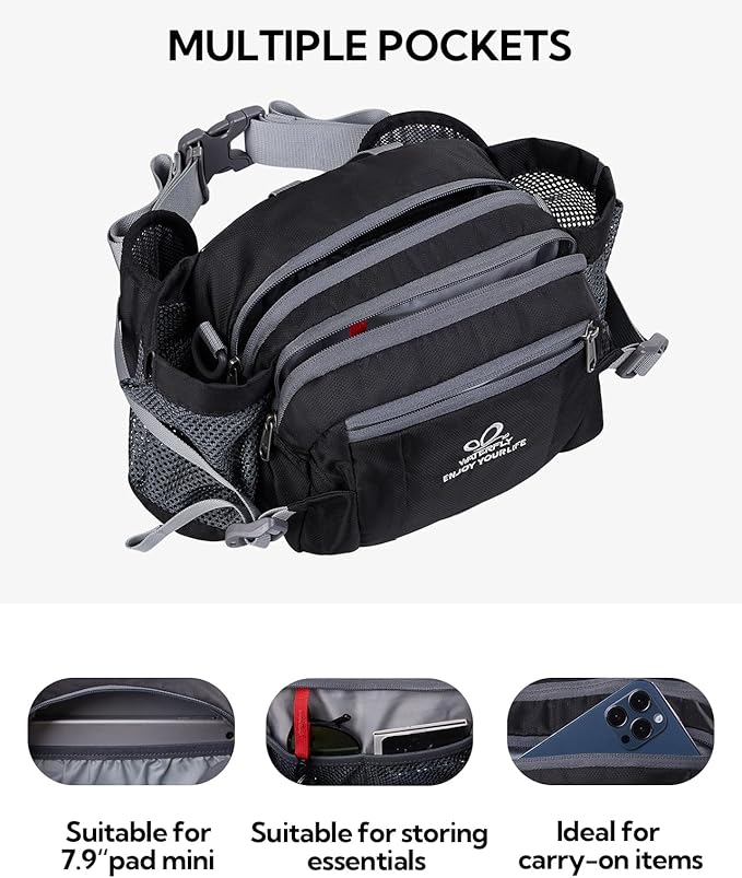 WATERFLY Fanny Pack Waist Bag: Fannie Pack 2 Water Bottle Holders Lumbar Belt Hiking Walking Running Jogging Camping Large Woman Man (Bottle Not Included)
