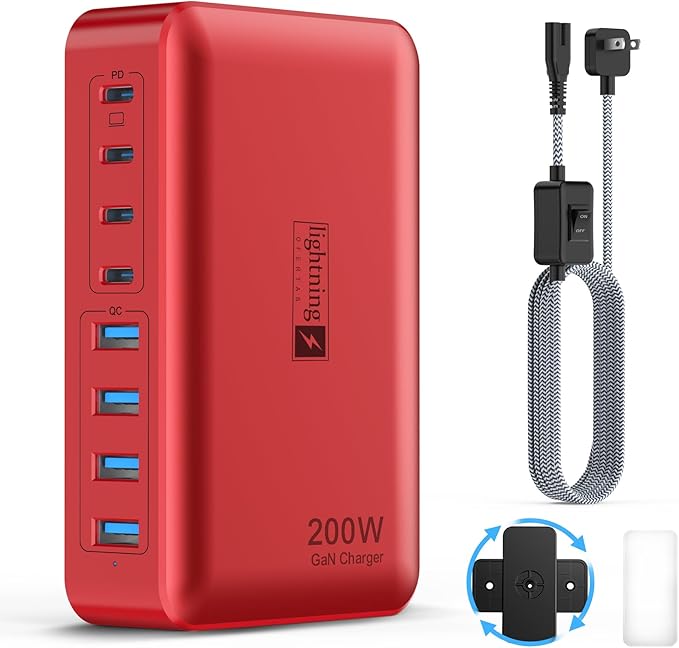 8-Port USB Charger Block 200W with Flat Plug, Braided Power Cord, and On/Off Switch- USB Charging Hub for iPhone, iPad, MacBook and More- 65W C Port Power Adapter for Laptops