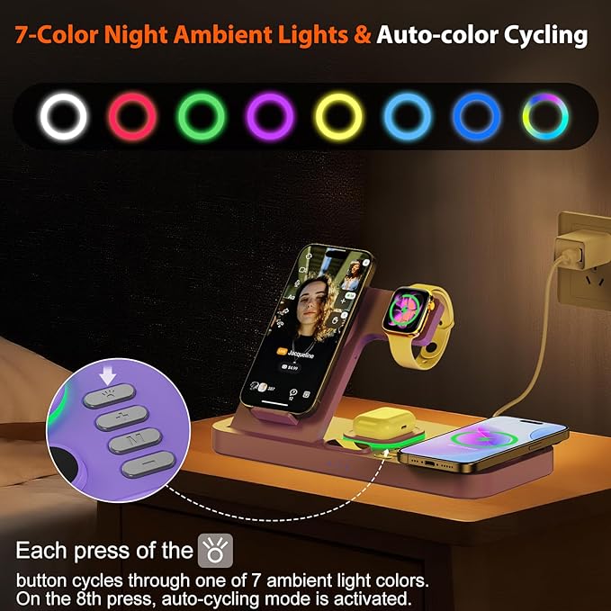 Dual Phone Magnetic Wireless Charging Station for Apple Devices/Apple Ecosystem,with Auto-Switch 7-Color Light & Clock, Compatible with iPhone 17/16/15, for iWatch 11/10/9 & AirPods Pro3(Purple