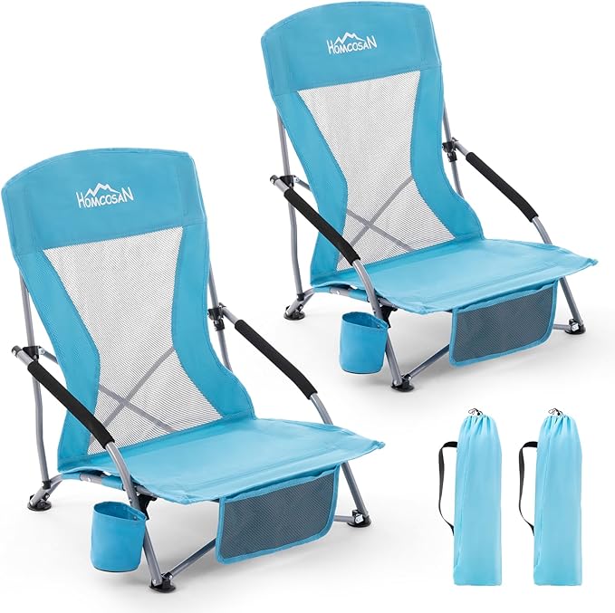 Homcosan Portable Low Folding Beach Chairs Set of 2 - Lightweight Camping Chairs for Adults with Cup Holder & Storage Pockets, Carry Bag Included (Blue)