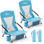 Homcosan Portable Low Folding Beach Chairs Set of 2 - Lightweight Camping Chairs for Adults with Cup Holder & Storage Pockets, Carry Bag Included (Blue)