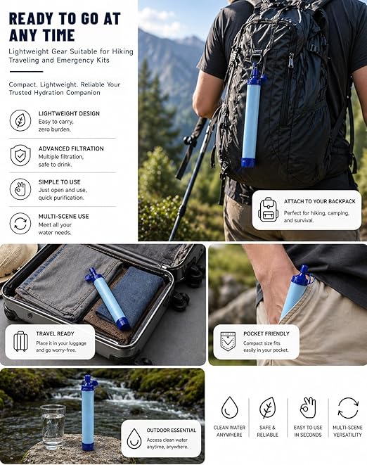 Water Filter, Portable Water Filter Straw, Emergency Survival Filtration System, Lightweight Personal Water Purifier, Includes 480ml Reservoir & Tube, for Hiking, Camping, Travel (2)