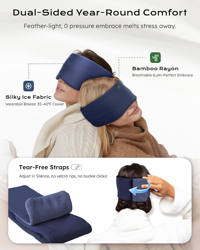 Dual-Sided Sleep Mask for Side Sleepers, Soundless Velcro, Bamboo Fiber & Milk Silk Eye Mask, Zero Pressure Sleeping Mask for Women & Men, Eye Relief Blindfold for Nap, Travel Essentials, Blue