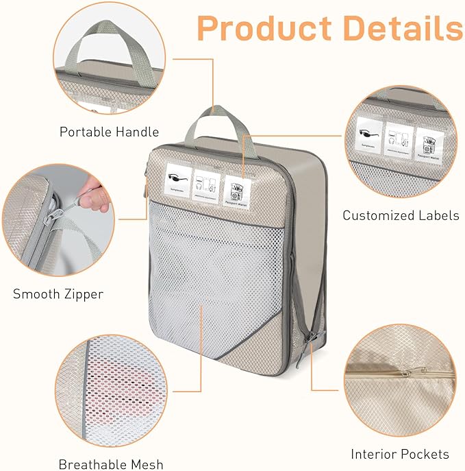 Compression Packing Cubes for Travel 6 Set Expandable Packing Organizers Durable Luggage Bags Organizers for Suitcases Travel Accessories (Beige)