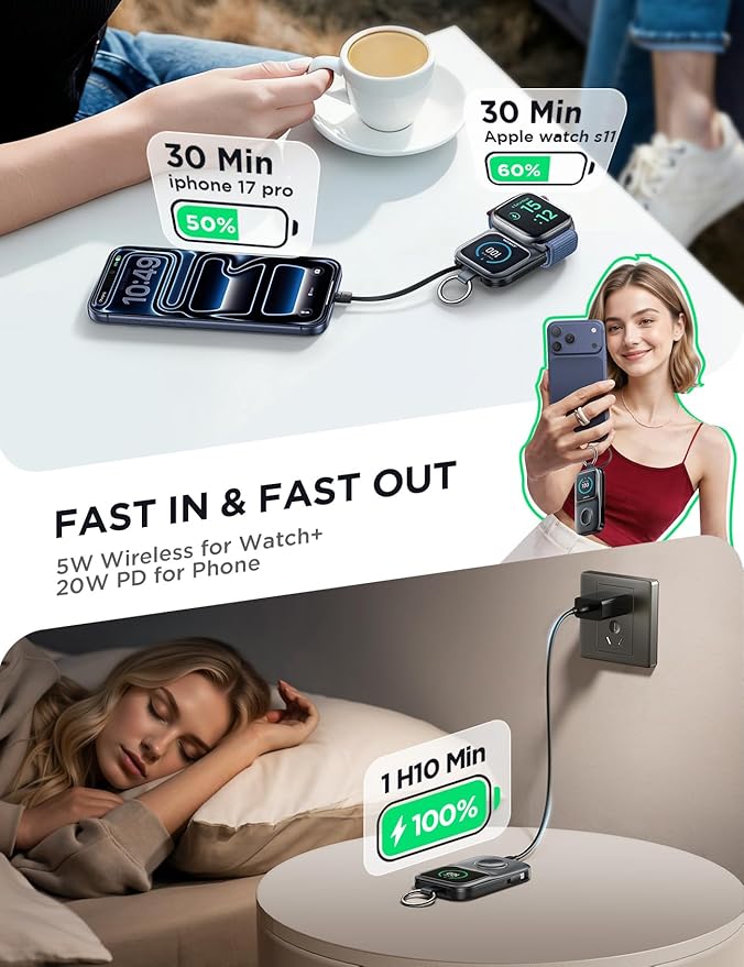 JOYROOM Portable Charger, Power Bank with Built-in Cables & LED Display, 5000mAh 20W PD Fast Charging & Fast Recharge, Travel Keychain Battery Pack for iPhone 17/16/15/14/13/12 & Apple Watch, Black
