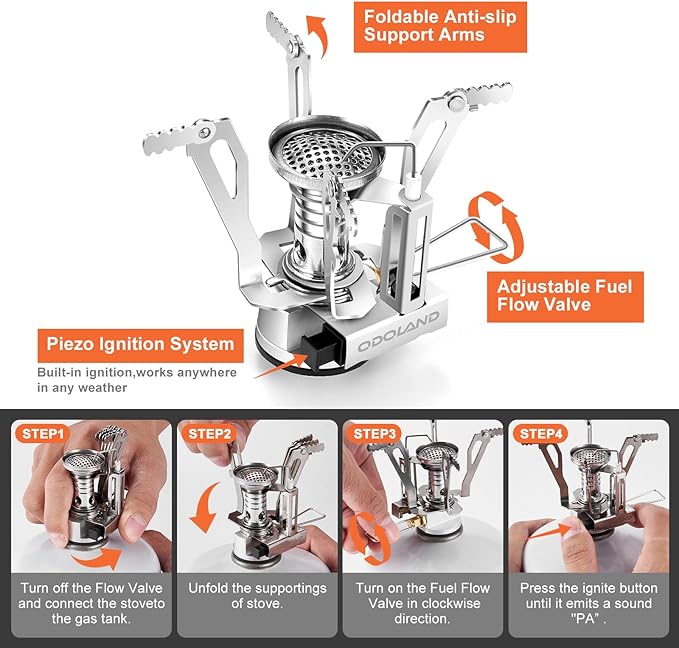 Odoland 13pcs Stainless Steel Camping Cookware Camping Pots and Pan Set with Portable Camping Stove Camping Mess Kit with Cups Forks Knives Spoons for Hiking Backpacking and Picnic