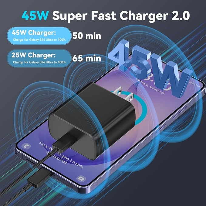 45W Super Fast Charger USB Type C Charger Cord 10FT with Android Phone Charger Fast Charging Block for Samsung Galaxy S26/S26 Ultra/S26+/S25/S25 Ultra/S25+/S24/S23/S22/S20/S21/Note 20/Note 10, Black