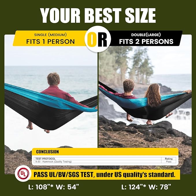 Camping Hammock,Camping Essentials,Lightweight Portable Double & Single Hammock with Tree Straps, Camping Gear for Outside Hiking Camping Beach Backpack Travel, Blue & Light Black, Medium