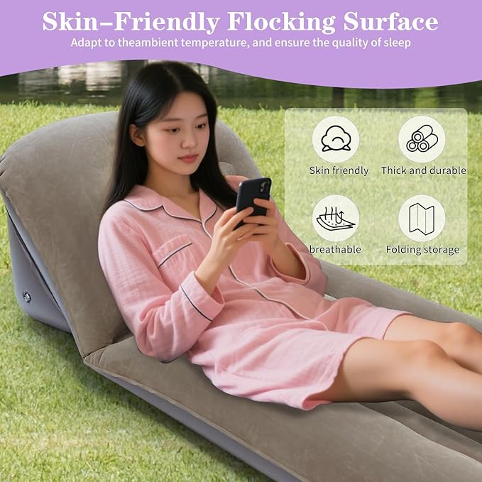 Inflatable Camping Air Mattress with Adjustable Backrest, Flocking Portable Recliner Air Sofa Bed, Blow-Up Sleeping Pad Sofa for Outdoor Hiking, Beach, Tent, Travel – Fast Inflation with Pump
